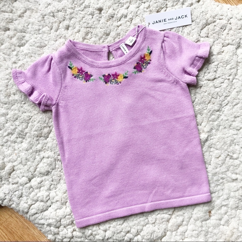 Janie and Jack 100% Cotton Embroidered Floral Lilac Knit Short Sleeved Shirt